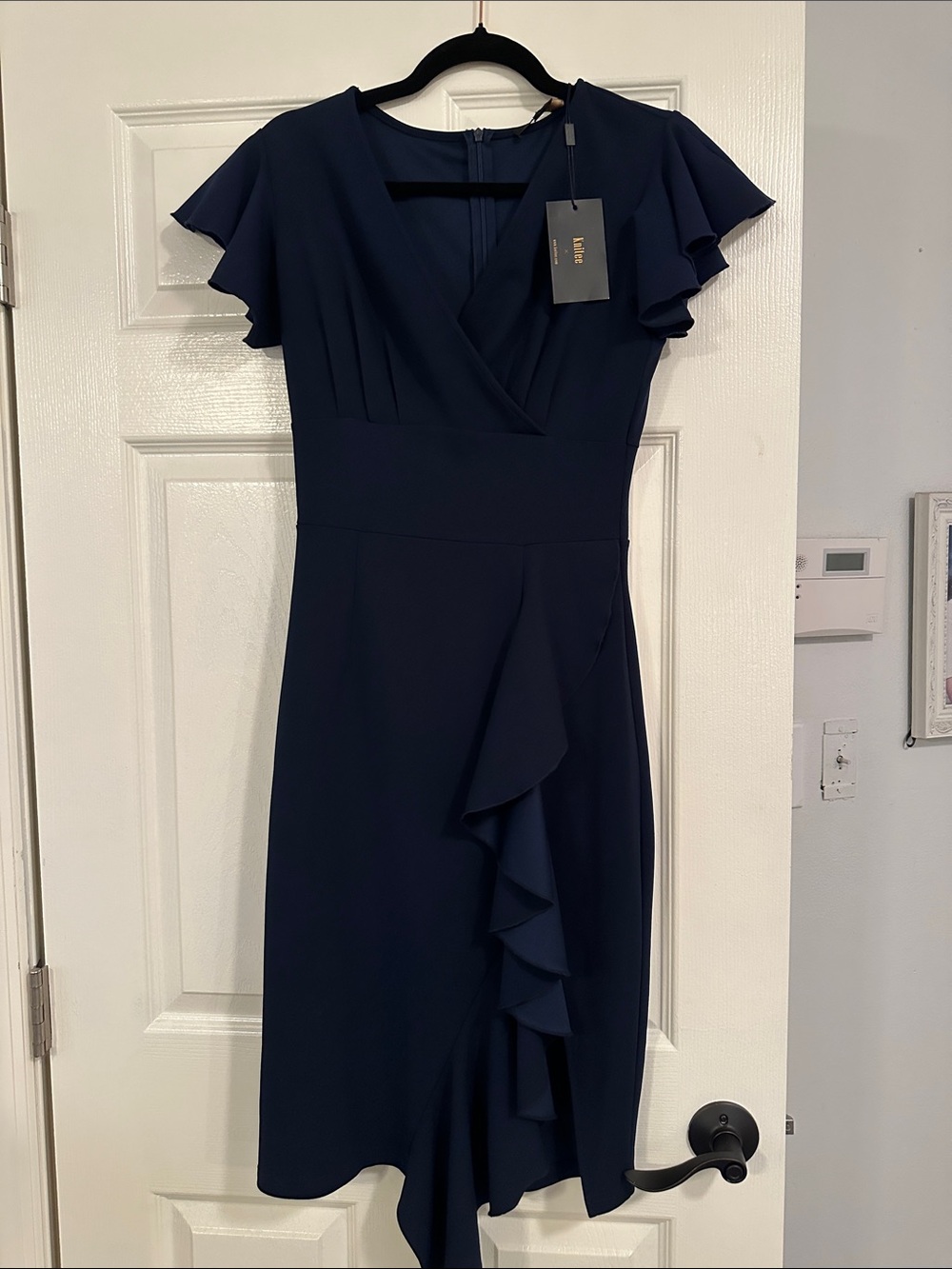 Knitee Navy Ruffle-Trim Midi Dress